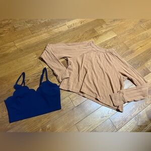 Tan Ribbed Sweater and Blue crop top